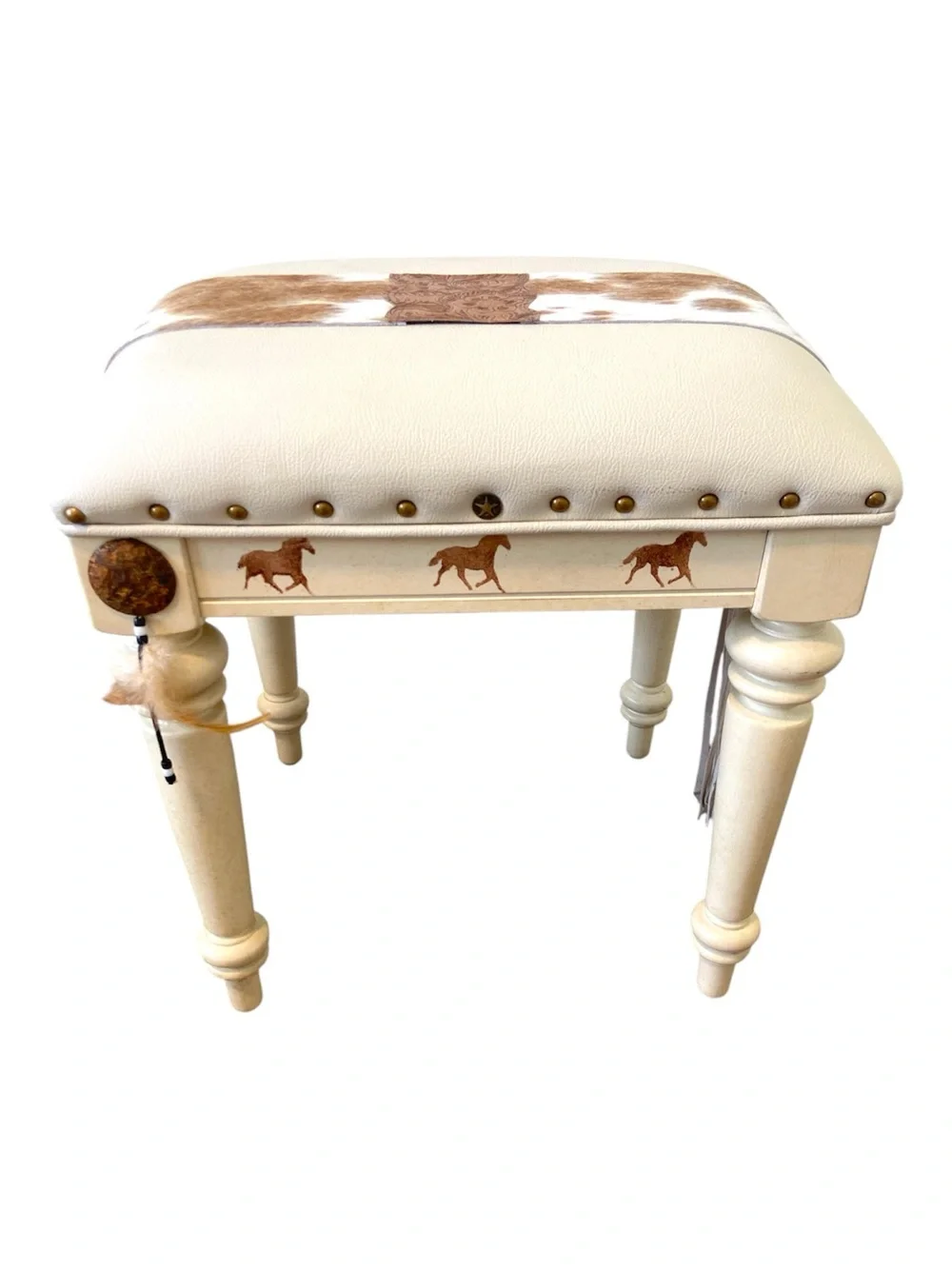 Rustic Western Vanity Stool Cowhide Leather Fringe Horse Accent Country Ottoman